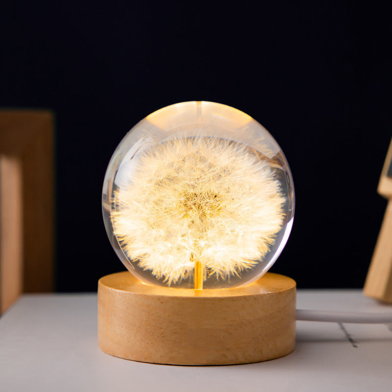 Luminous 3D Dandelion Crystal Ball Beech Wood Stand